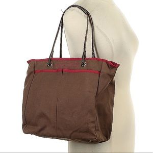 Anya Hindmarch Brompton Brown Canvas Tote with Red trim and Leather Handles